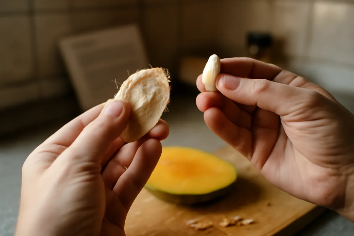 Que contient un noyau de mangue et pourquoi son huile intéresse-t-elle la cosmétique maison ? — Le noyau renferme une coque fibreuse et, à l’intérieur, une amande riche en lipides. Cette amande contient des acides gras (oléique, stéarique, palmitique) et des